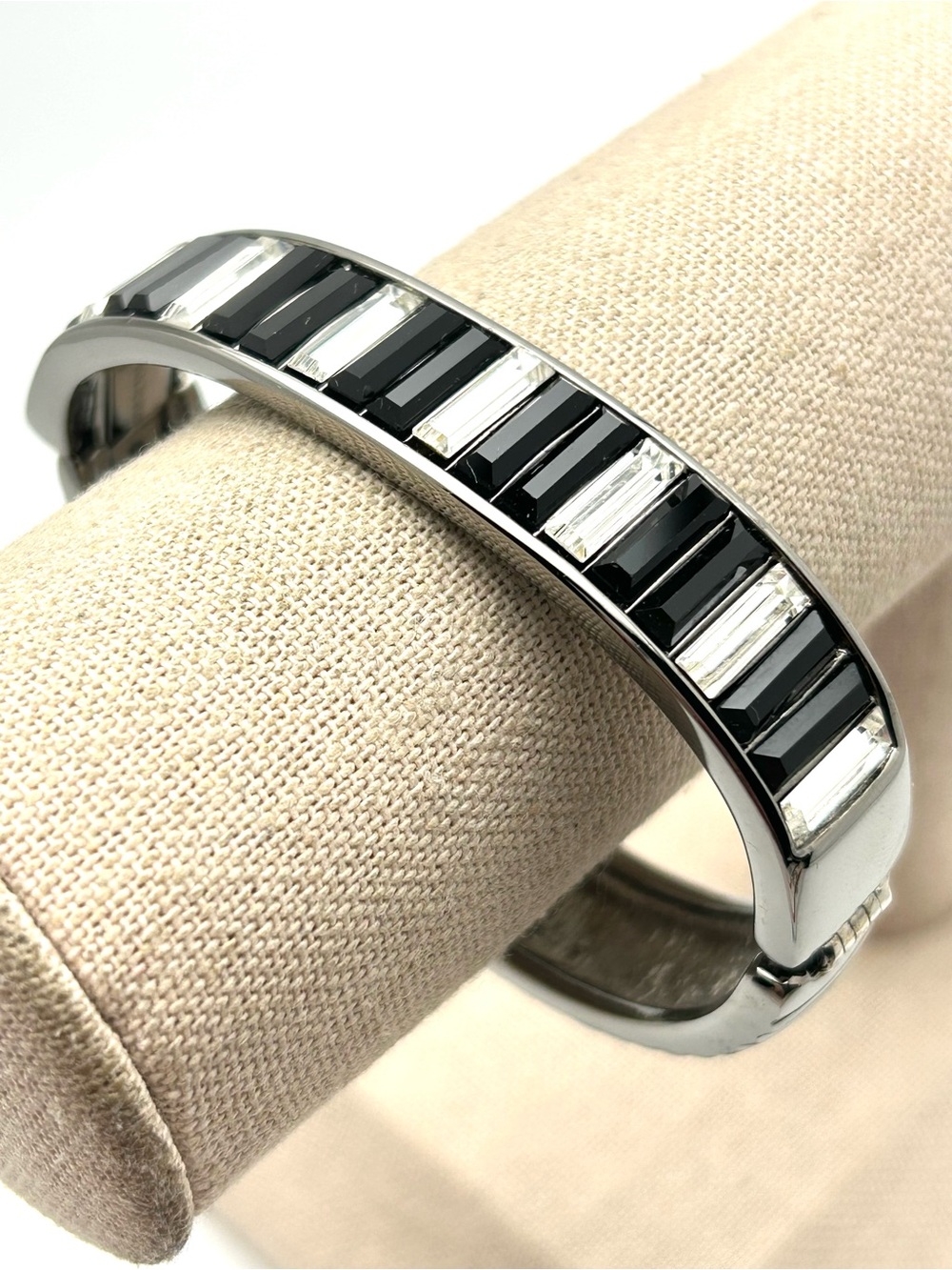 Swarovski Crystal Black and Clear Baguette Gunmetal Hinged Bangle Bracelet